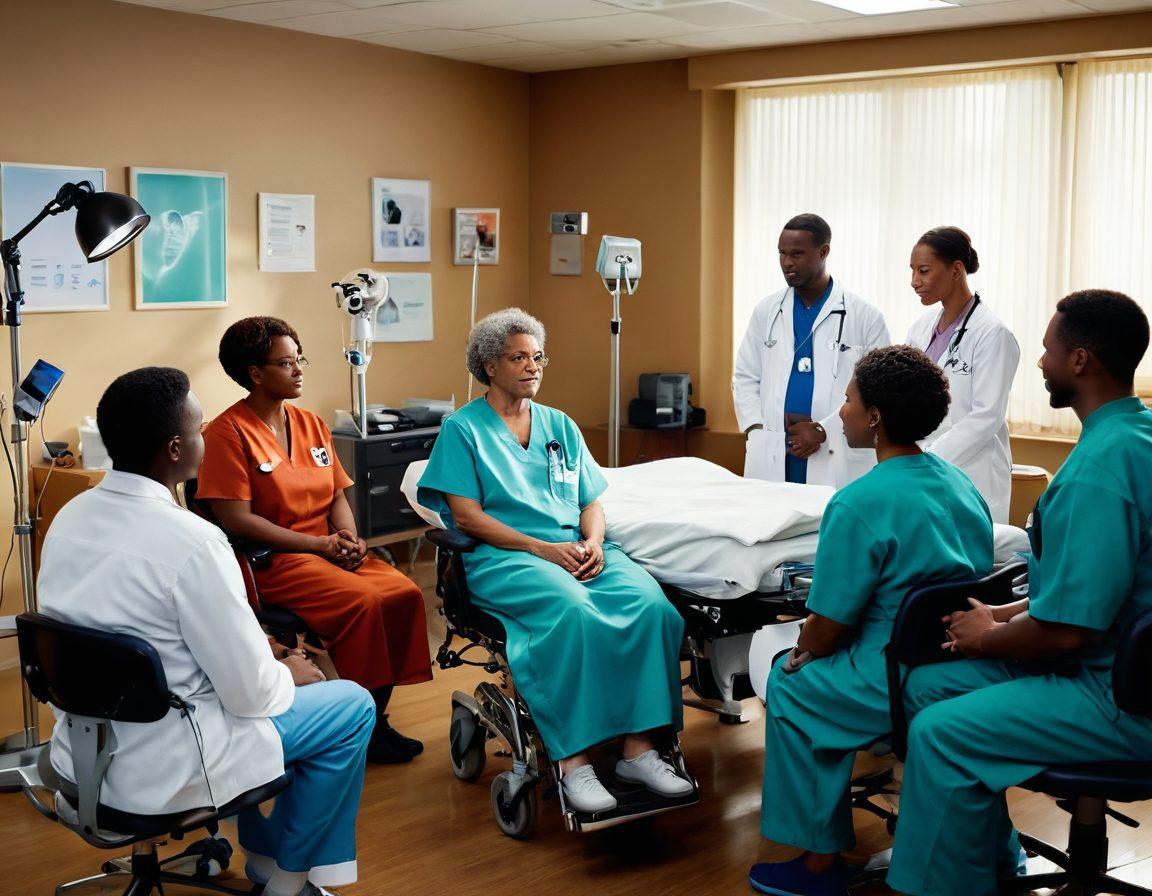 A film set featuring a diverse group of healthcare professionals and patients collaborating, with a camera capturing a heartfelt moment between them. Around the set, film reels and patient care tools blend together, illustrating the fusion of storytelling and healthcare. Warm, inviting lighting emphasizes emotions and connection. super-realistic. vibrant colors. cinematic style.