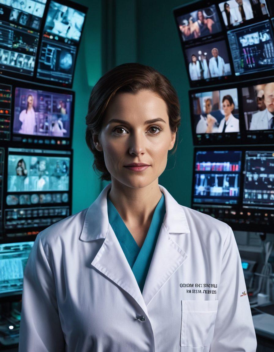 A cinematic landscape featuring a film set intertwined with medical imagery, showcasing a director overseeing scenes that merge oncology research with filmmaking. Include actors in lab coats beside actors in dramatic costumes, vibrant lighting casting dynamic shadows, with a background of film reels and medical charts. The scene should evoke a sense of innovation and collaboration between cinema and healthcare. super-realistic. vibrant colors.