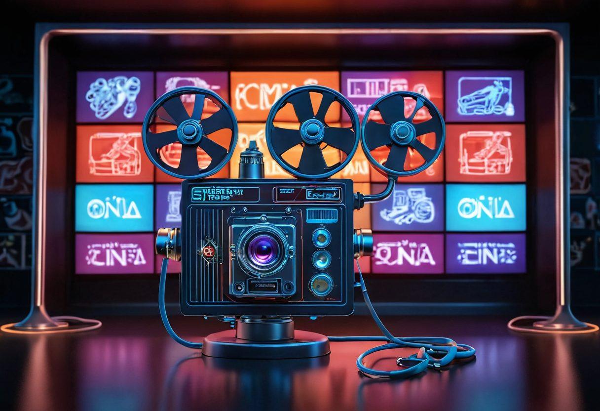 A dramatic film set featuring a classic movie camera and a glowing, oversized cinema reel intertwined with vibrant medical imagery like stethoscopes and DNA strands. The background showcases a glowing cinema screen displaying inspiring health advocacy messages while spotlights cast a soft, hopeful glow over the scene. Use a fusion of realism and cinematic flair. super-realistic. vibrant colors. 3D.